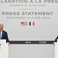 US President Joe Biden (L), flanked by French President Emmanuel Macron, give press statements following a bilateral meeting at the Elysee Palace in Paris on June 8, 2024. (Saul Loeb/AFP)