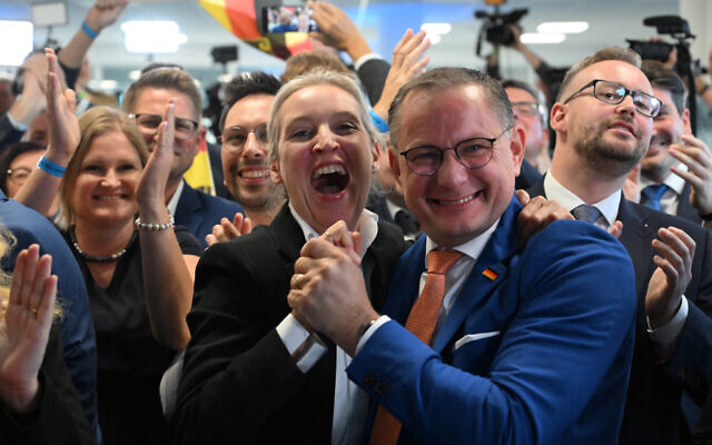 Co-leader of the far-right Alternative for Germany (AfD) party Alice Weidel (L) and co-leader of the far-right Alternative for Germany (AfD) party Tino Chrupalla react after first exit polls after the European Parliament elections in Berlin, on June 9, 2024. (Ralf Hirschberger / AFP)