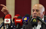 Jibril Rajoub, president of the Palestinian Football Association and the Palestinian Olympic Committee, gives a press conference in Ramallah in the West Bank on June 12, 2024. (Zain JAAFAR / AFP)