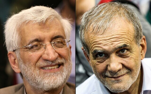This combination of pictures created on June 29, 2024 shows (L) Iranian presidential candidate and ultraconservative former nuclear negotiator Saeed Jalili as he attends his election campaign rally at Sharif University in Tehran, June 22, 2024, and (R) lawmaker and former health minister Massoud Pezeshkian, a reformist candidate for Iranian president, at a campaign rally at Afrasiabi Stadium in Tehran, June 23, 2024. (Atta Kenare / AFP)