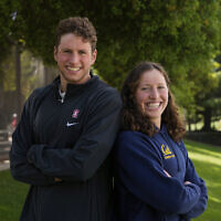 Siblings Ron and Leah Polonsky are photographed, Saturday, April 6, 2024, in Stanford, Calif. Ron swims for Stanford. Leah competes at rival California, in nearby Berkeley. (AP Photo/Godofredo A. Vásquez)