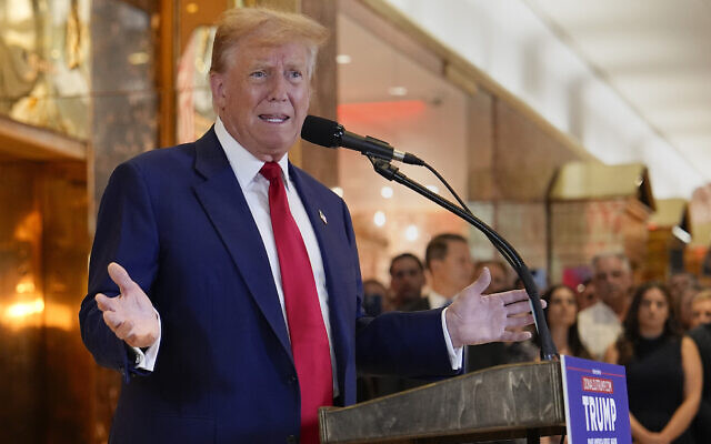 Former US president Donald Trump speaks during a news conference at Trump Tower, in New York, May 31, 2024. (Julia Nikhinson/AP)