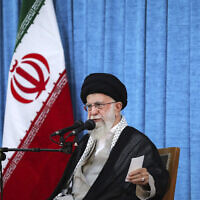 Supreme Leader Ayatollah Ali Khamenei speaks during a ceremony marking the 35th anniversary of late leader ayatollah Ruhollah Khomeini at his shrine in Tehran, Iran, June 3, 2024. (Office of the Iranian Supreme Leader via AP)