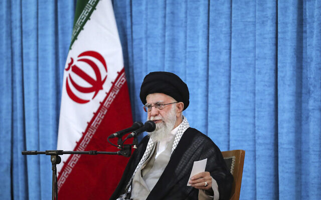 Supreme Leader Ayatollah Ali Khamenei speaks during a ceremony marking the 35th anniversary of late leader ayatollah Ruhollah Khomeini at his shrine in Tehran, Iran, June 3, 2024. (Office of the Iranian Supreme Leader via AP)