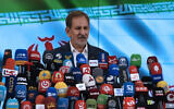 Iran's former senior vice president, Eshaq Jahangiri, speaks in a press briefing after registering his name as candidate for the June 28 presidential election at the Interior Ministry, in Tehran, Iran, June 3, 2024. (AP Photo/Vahid Salemi)