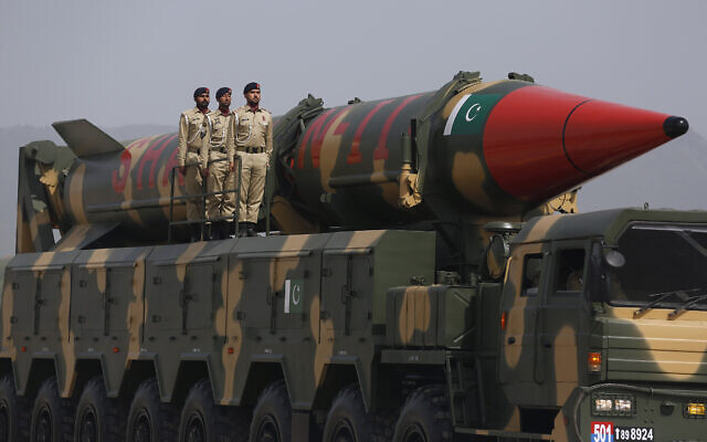A Pakistani-made Shaheen-III missile, that is capable of carrying nuclear warheads, are displayed during a military parade to mark Pakistan National Day, in Islamabad, Pakistan, on March 23, 2022. (AP Photo/Anjum Naveed)
