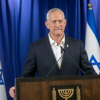 National Unity party chief Benny Gantz holds a press conference in Ramat Gan, May 18, 2024. (Miriam Alster/Flash90)