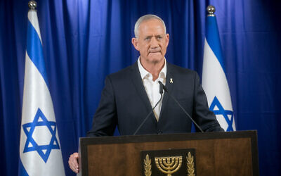 National Unity party chief Benny Gantz holds a press conference in Ramat Gan, May 18, 2024. (Miriam Alster/Flash90)
