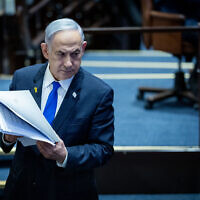 Prime Minister Benjamin Netanyahu in the Knesset in Jerusalem, on May 27, 2024. (Yonatan Sindel/Flash90)