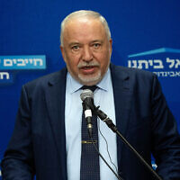 Yisrael Beytenu party leader Avigdor Liberman leads a faction meeting at the Knesset in Jerusalem, on May 27, 2024. (Yonatan Sindel/Flash90)