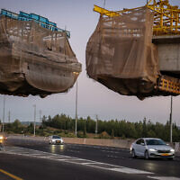 An unfinished construction of a railway bridge on Route 1, between Tel Aviv and Jerusalem, on June 1, 2024. (Jonathan Shaul/Flash9)