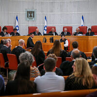 Nine-justice panel at the High Court of Justice hearing petitions demanding the immediate conscription of ultra-Orthodox young men to the Israel Defense Forces, June 2, 2024 (Amit Shabi/POOL)