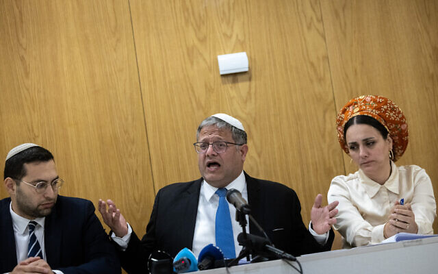 Head of the Otzma Yehudit party and Minister of National Security Itamar Ben Gvir leads a faction meeting at the Knesset, June 3, 2024. (Chaim Goldberg/Flash90)