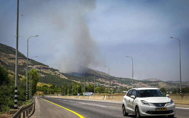 Fires on Ramim Ridge on the outskirts of the northern city of Kiryat Shmona, Upper Galilee near the Lebanese border as a result of rocket fire from Hezbollah, on June 3, 2024. (Michael Giladi/ Flash90)