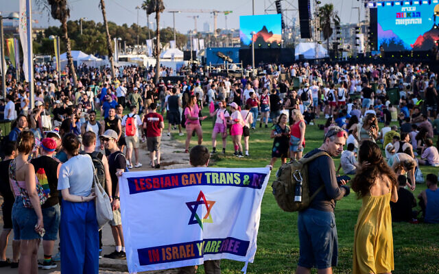 Participants in the Tel Aviv pride rally, on June 6, 2024. (Avshalom Sassoni/Flash90)