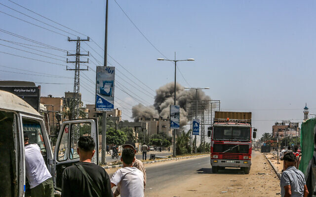 Smoke rises after an Israeli airstrike, in Nuseirat in the central Gaza Strip, on June 8, 2024. (Abed Rahim Khatib/Flash90)