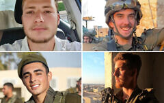 IDF soldiers (clockwise from top left) Staff Sgt. Eitan Karlsbrun, Maj. Tal Pshebilski Shaulov, Sgt. Yair Levin and Sgt. Almog Shalom, killed fighting in Rafah on June 10, 2024. (IDF)