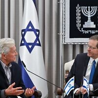 Actor Michael Douglas (left) meets with President Isaac Herzog in Jerusalem on June 2, 2024. (Kobi Gideon / GPO)