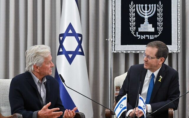 Actor Michael Douglas (left) meets with President Isaac Herzog in Jerusalem on June 2, 2024. (Kobi Gideon / GPO)