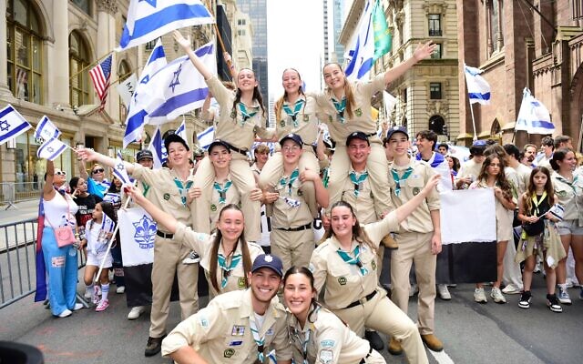 Members of the Tzofim Friendship Caravan at the Israel Parade in New York City, on June 2, 2024. (Udi Almog/courtesy Tzofim Tzabar)