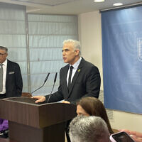 Opposition Leader Yair Lapid leads a meeting of his Yesh Atid party at the Knesset in Jerusalem, on June 10, 2024. (Sam Sokol/Times of Israel)