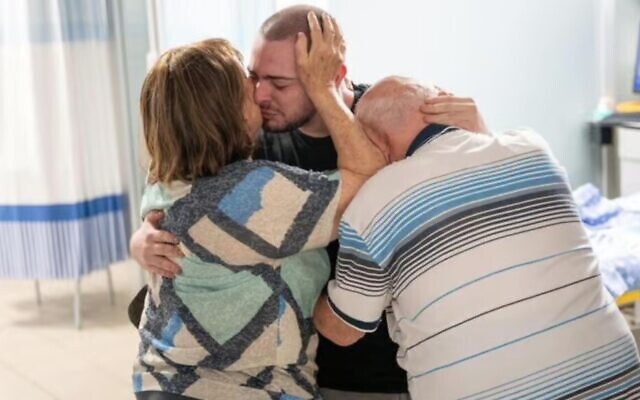 Rescued hostage Almog Meir Jan is reunited with his family at Sheba Medical Center, June 8, 2024. (IDF)