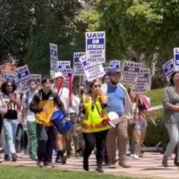 File - University of California academic workers with the UAW 4811 union stage a protest on the UCLA campus in Los Angeles, California, May 31, 2024. (Screen capture: X/ieUnionActivist, used in accordance with Clause 27a of the Copyright Law)