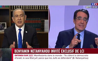 Prime Minister Benjamin Netanyahu (R) on French TV network TF1 on May 30, 2024. (Screenshot/YouTube. Used in accordance with Clause 27a of the Copyright Law)