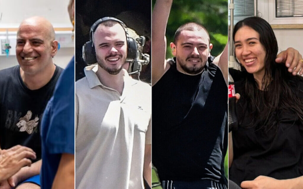 Israeli hostages pictured after their rescue from Hamas captivity in Gaza on June 8, 2024. From left: Shlomi Ziv (IDF); Andrey Kozlov and Almog Meir Jan (Avshalom Sassoni/Flash90), and Noa Argamani (Courtesy)