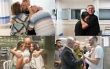 Israeli hostages pictured reuniting with family after their rescue from Hamas captivity in Gaza on June 8, 2024. Top L-R: Almog Meir Jan with his parents, Noa Argamani with her father. (Israel Defense Forces) Bottom L-R: Shlomo Ziv reunites with his sister and cousin (Hostages and Missing Families Forum), Andrey Kozlov meets Prime Minister Benjamin Netanyahu. (Maayan Toaf / GPO)