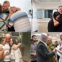 Israeli hostages pictured reuniting with family after their rescue from Hamas captivity in Gaza on June 8, 2024. Top L-R: Almog Meir Jan with his family, Noa Argamani with her father. (Israel Defense Forces) Bottom L-R: Shlomo Ziv reunites with his sister and cousin (Hostages and Missing Families Forum), Andrey Kozlov meets Prime Minister Benjamin Netanyahu. (Maayan Toaf / GPO)