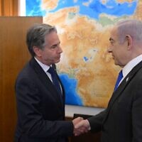 US Secretary of State Antony Blinken, left, meets Prime Minister Benjamin Netanyahu in Jerusalem, June 10, 2024. (Amos Ben Gershom/GPO)