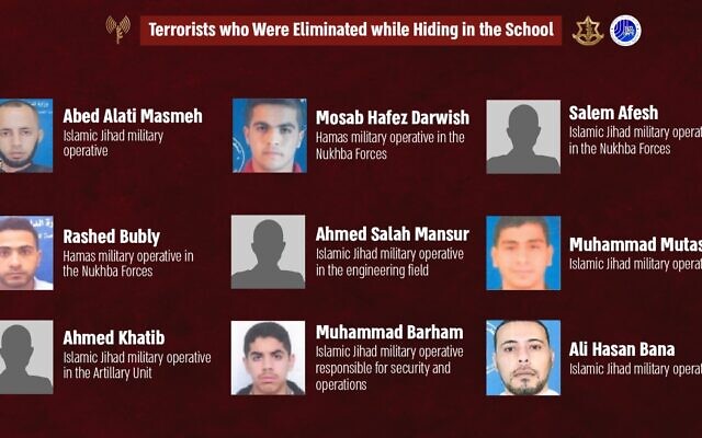 The identities of nine of the Hamas and Palestinian Islamic Jihad terrorists the IDF says were killed in a strike on an UNRWA school on June 5, 2024, in this graphic released a day later. (IDF)