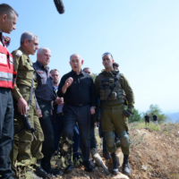 Prime Minister Benjamin Netanyahu (second right) visits Kiryat Shmona on the border with Lebanon, June 5, 2024. (Amos Ben Gershom/GPO)