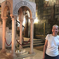 Prof. Jodi Magness in Jerusalem's Church of the Holy Sepulchre, on April 11, 2022. (Amanda Borschel-Dan/Times of Israel)