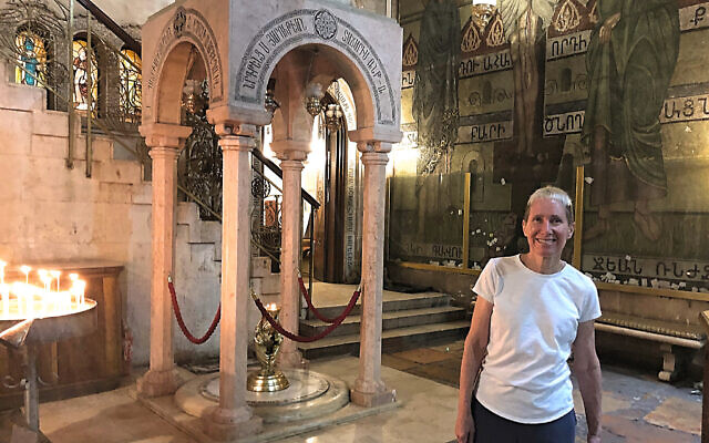 Prof. Jodi Magness in Jerusalem's Church of the Holy Sepulchre, on April 11, 2022. (Amanda Borschel-Dan/Times of Israel)