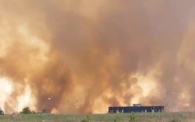 A large fire is seen burning near Katzrin in the Golan Heights, following a rocket barrage from Lebanon, June 2, 2024. (Screenshot: X)