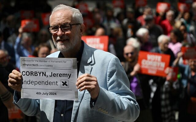 Britain's former Labour Party leader Jeremy Corbyn poses outside Islington Town Hall in London on June 5, 2024 after submitting his nomination papers to officially stand as an Independent candidate in Islington North for the July 4 general election. Corbyn defeated the Labour candidate to win the seat on July 4. (JUSTIN TALLIS / AFP)